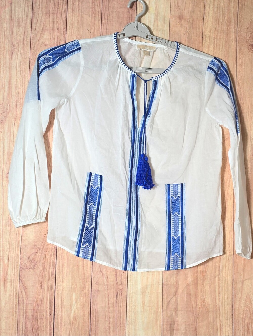 Michael Kors Lightweight White Long-Sleeve Top Blue Embroidery Medium - Picture 4 of 8